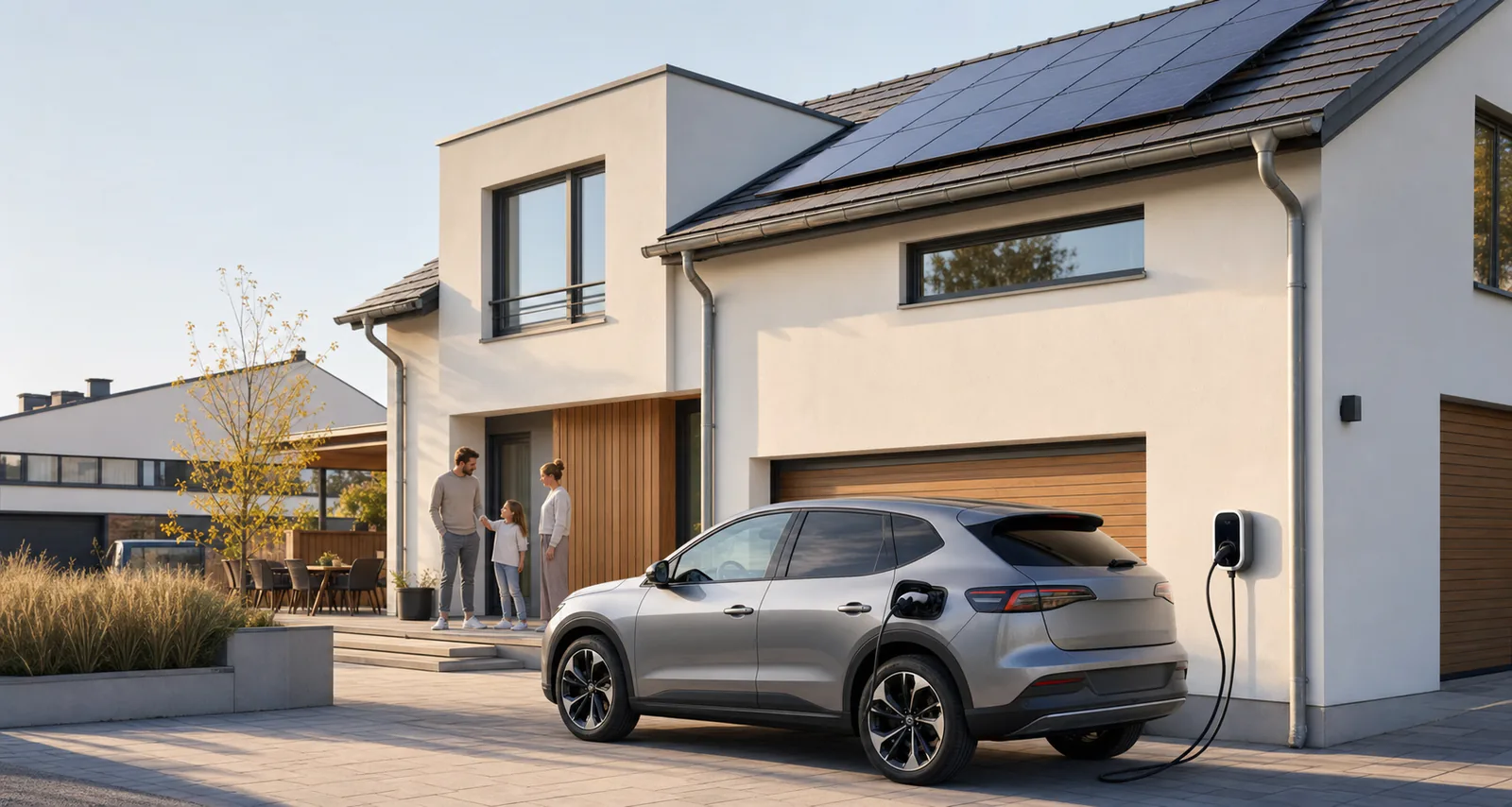 Modernes Wohnhaus mit Photovoltaikanlage, Wallbox und ladendem Elektroauto