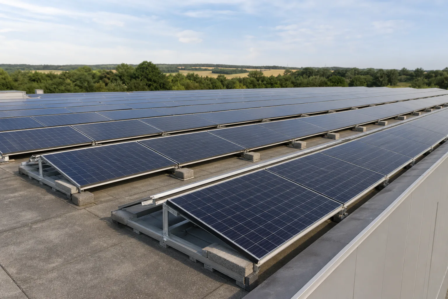 Aufgeständerte Photovoltaikanlage auf dem Flachdach einer Industriehalle